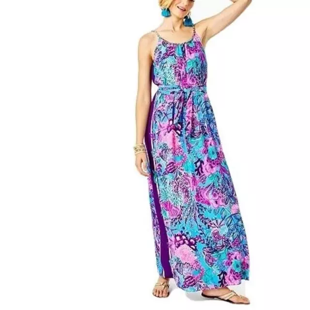 Lilly Pulitzer Hazelyn Maxi Dress Belted Size L Turquoise Oasis Snuba Duba Do
