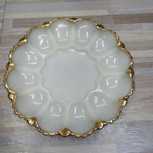 Vintage Anchor Hocking White Milk Glass Deviled Egg Plate Gold Trim 10" Party