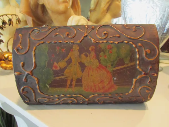 Nice Antique Italian Tole Treasure Chest Wood Jewelry Box W/ Raised Design 2