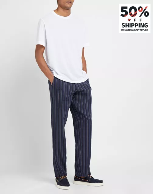 8 Tapered Trousers IT50 US40 L Blue Linen Blend Striped Made in Italy