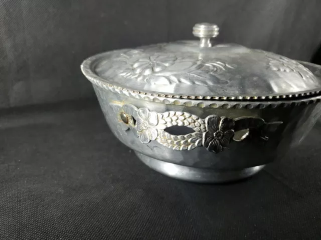 Vtg Bowl Covered Dish Hand Wrought Hammered Aluminum 8" Lid Ornate Handles