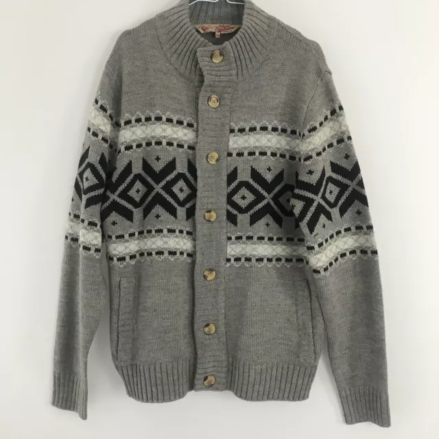 TOKIO WÄSCHE STRICKJACKE XL GRAU SCHWARZ geometrisch auf Knopfleiste Freizeit Herren WOLLE aztekisch