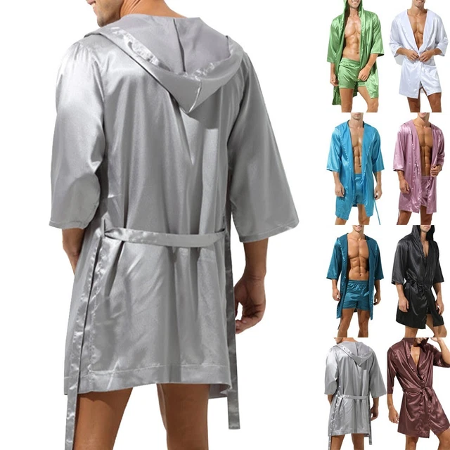 Uomo con Cappuccio Set Pantaloncini Notte Accappatoio Abito Vestito Seta Raso
