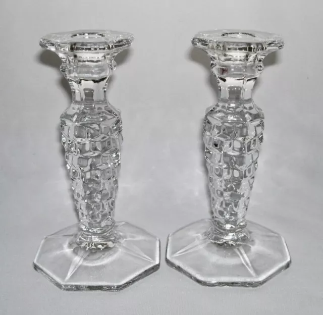 Fostoria AMERICAN CLEAR Pair of Candlesticks Single Light 6.25" Octagonal Base