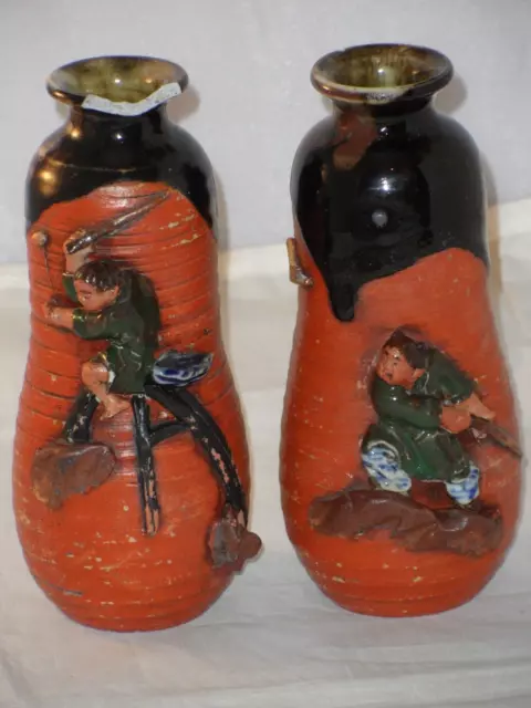 ANTIQUE JAPANESE ART POTTERY SUMIDA GAWA VASES WITH FIGURES SIGNED BOTH A/F 15cm