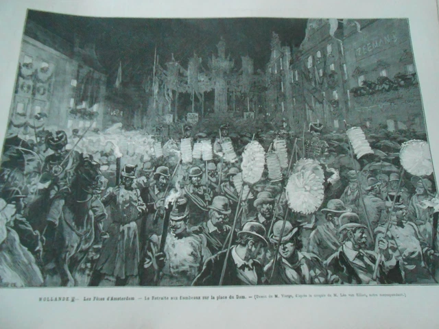 Gravure 1879 -  Hollande Retraite aux Flambeaux sur la palce du Dam