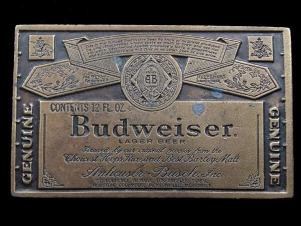 SB07129 VINTAGE 1970s **GENUINE BUDWEISER LAGER BEER** ADVERTISEMENT BELT BUCKLE