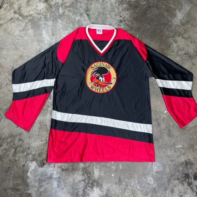 Vintage 90s Hockey Jersey Saginaw Wheels Michigan Looney Tunes XL Black Red