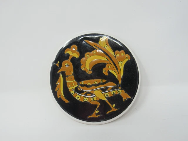 Nassos Keramik Ceramic Art Tile Coaster Hand Made Rodos Hellas Greece Round 3"