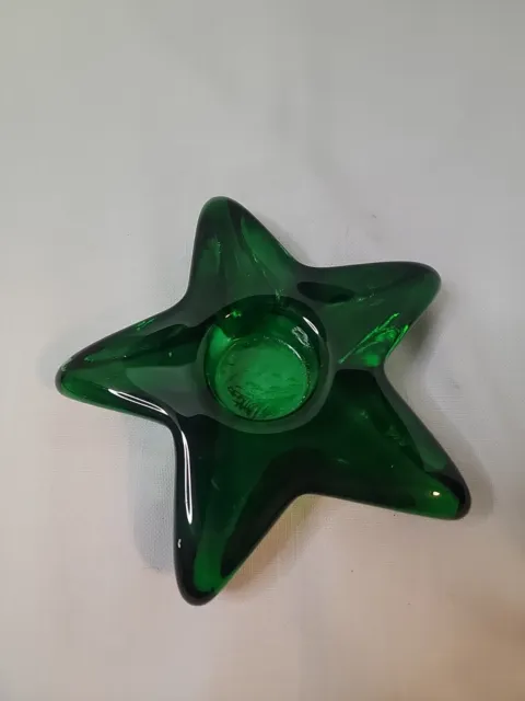 Heavy Art Glass Christmas Holidays Green Star Candle Votive 7" wide
