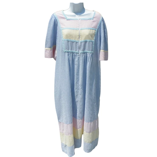 Saybury Vintage Seersucker Striped Zip front Robe House Dress Pockets Sz Large