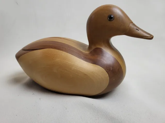 Hand Carved Wood 10" Duck Glass Eyes Artist Signed Striped Design