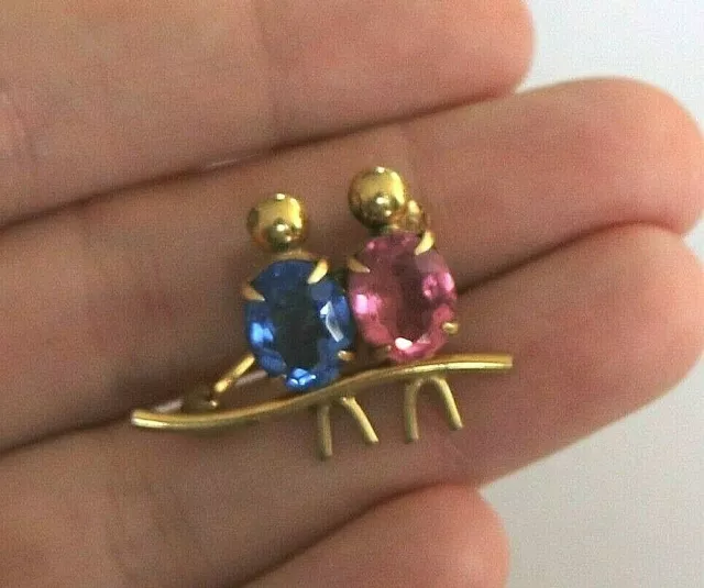 Vintage c1960s 12k Gold Filled Blue Pink Crystal Glass Bird on Twig Brooch Pin