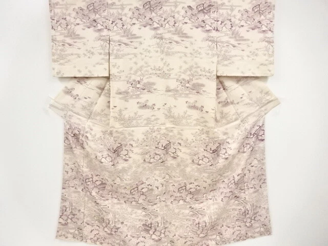 44296# Japanese Kimono / Antique Kimono / Embroidery / Stream & Floral Plant
