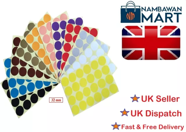 32mm Coloured Dot Round Stickers Sticky Adhesive Spot Circle Paper Label UK DS32