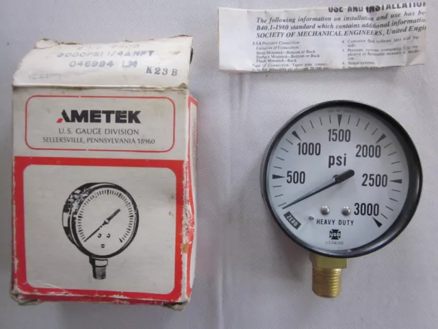 New Old Stock! Ametek H.D. 3000 P.S.I. Pressure Gauge  2 1/2" Face 1/4 ANPT