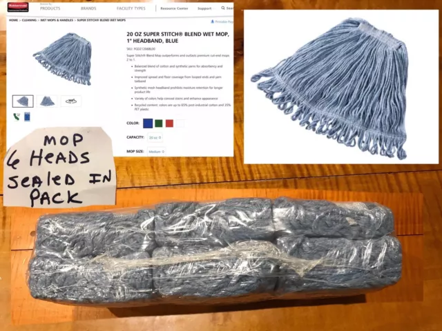 6 New Rubbermaid Commercial D21206BL00 Super Stitch Mop Heads Looped Blue Blend