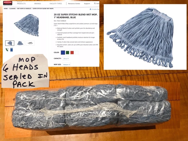 6 New Rubbermaid FGD21206 BL00 Super Stitch Wet Mop Heads Looped Ends Blue 20 Oz