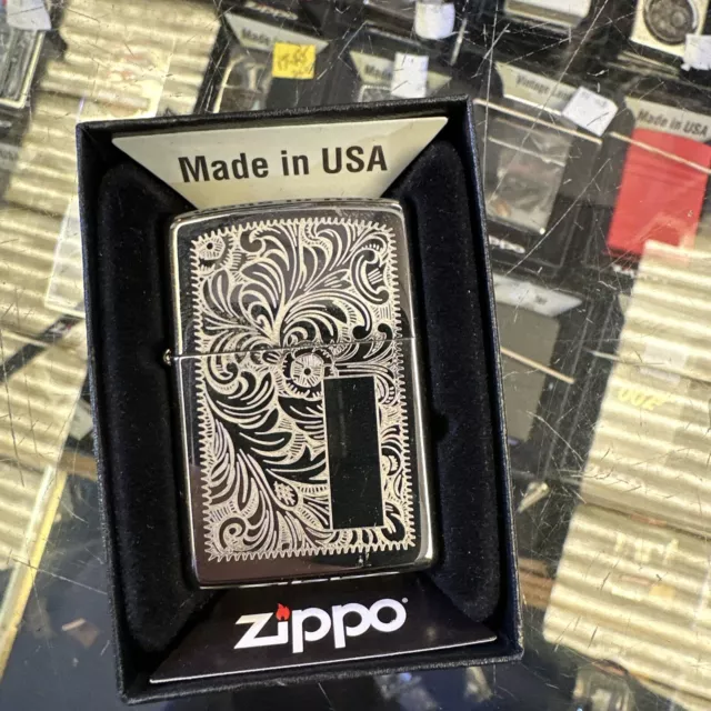 Zippo Venetian High Polish Chrome Engraved Finish Windproof Name Panel Lighter