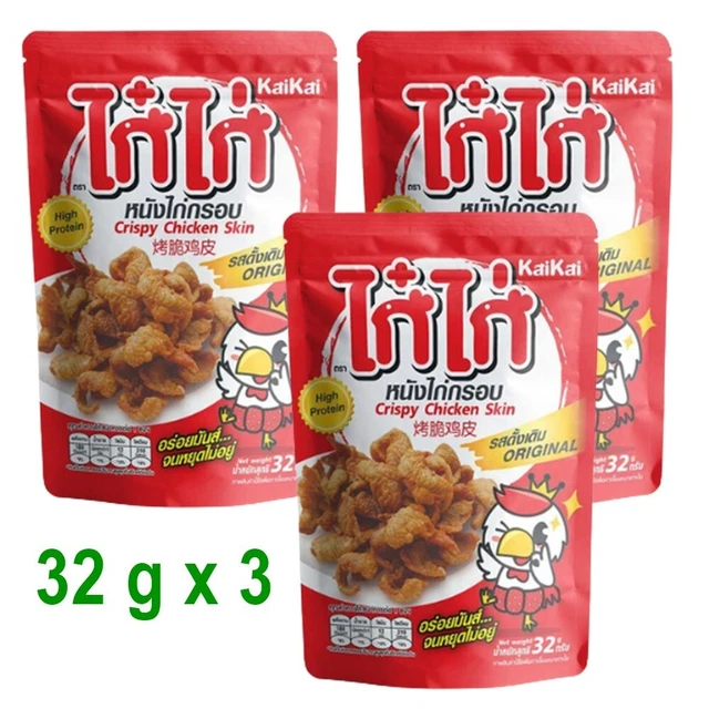 Chicken Skin Crispy Fried Snack Original Flavor KaiKai Thai Food Party 32 g x 3.
