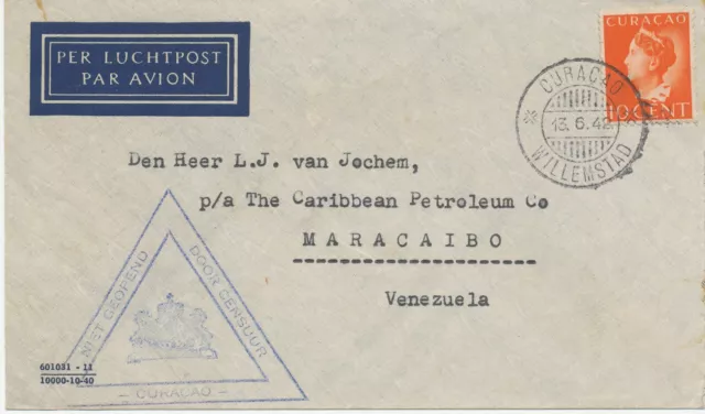 CURACAO 1942 10C Königin Wilhelmina als EF a. Kab.-Lupo-Bf nach Venezuela ZENSUR