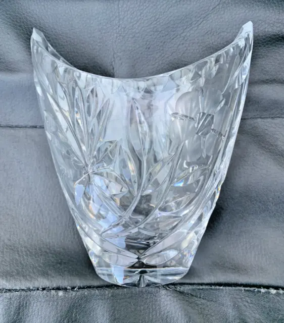 Unusual 7" Cut Glass Floral Crystal Vase with Crescent Shaped Rim