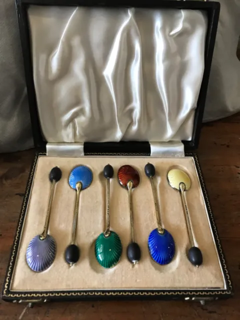 Antique beautiful st/silver & enamel hallmarked  tea spoon set in original box