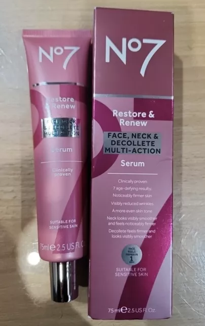 No7 Restore and Renew Face, Neck & Decollete Multi Action Serum 75ml NEW BOXED