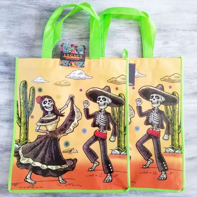 Reusable Shopping Grocery Tote Bags Day of the Dead Dia de los Muertos 2 Set New