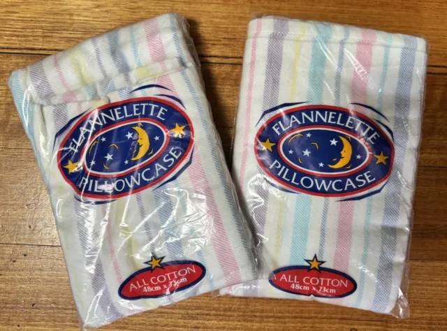 Pretty! Pair Vintage Flannelette Candy Stripe Pillowcases Pillow Case - As New