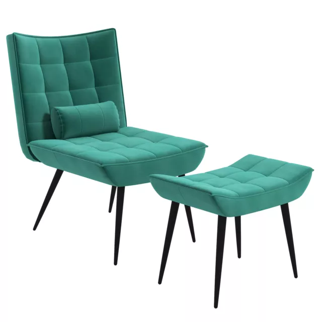 HOMCOM Armless Accent Chair with Footstool Set with Pillow and Steel Legs Green