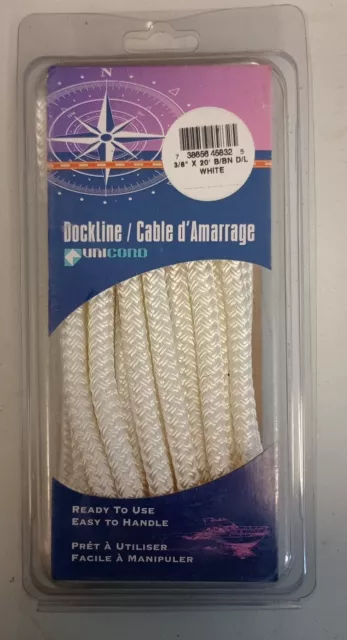 NEW 20' x 3/8" Double Braided Nylon Dock Line with 12" Loop, White B2