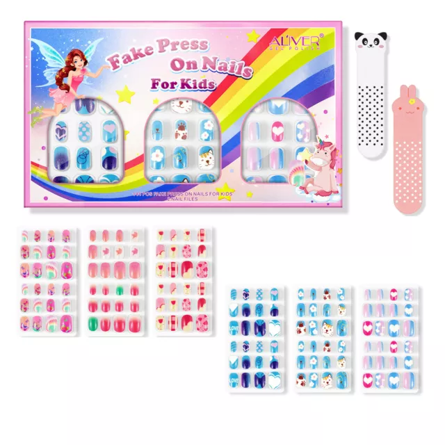 144 Fake Press on Nail Kids Kit Children Colors False Art Set Gift Girls Acrylic