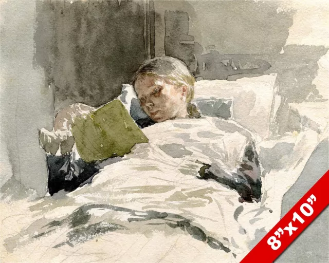 Young Woman Girl Reading In Bed Watercolor Painting Art Real Canvas Giclee Print