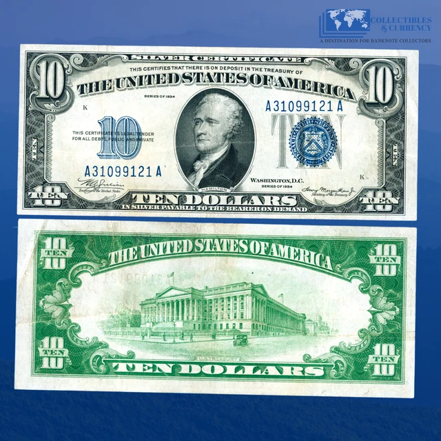 1934 $10 Ten Dollars Silver Certificate Blue Seal, VF+ #99121