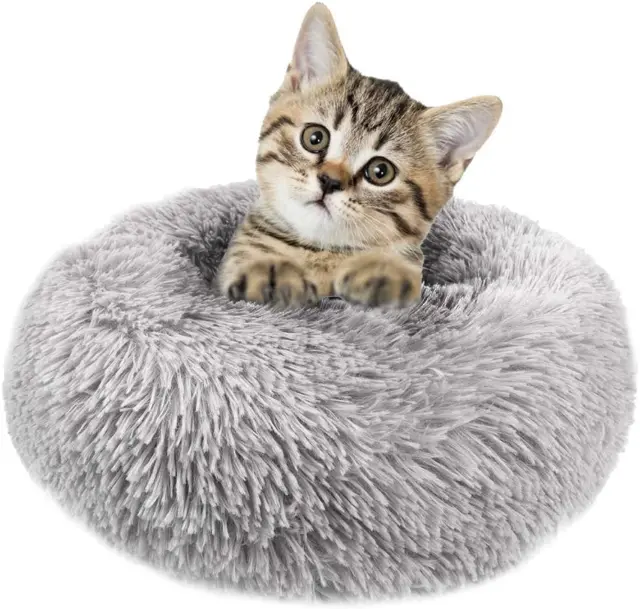 round Plush Donut Pet Bed Warm Fur Cuddler Dog Cat Cushion Bed Calming Bed Non-S