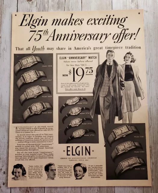 1939 Print Ad Elgin Watches 75th Anniversary Vintage Clothing Hair Styles WWII