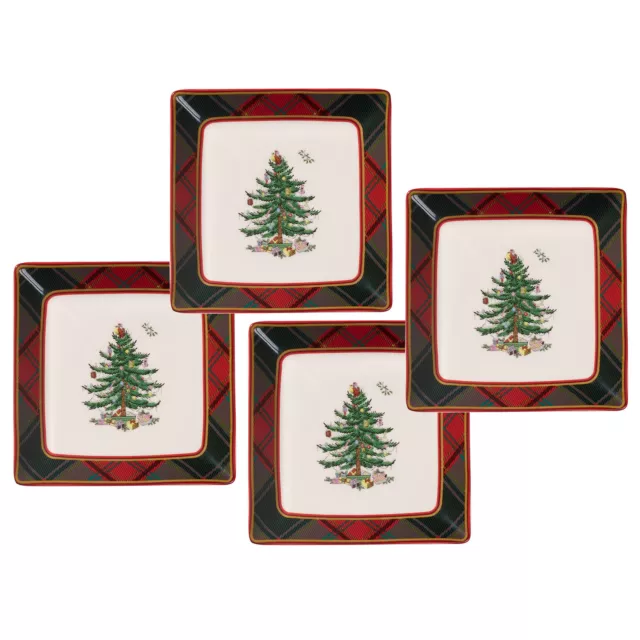 Spode Christmas Tree Tartan Square Tidbit Plates | Set of 4,  5-inches