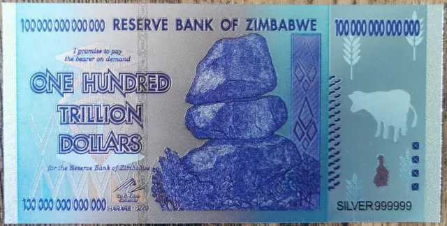 Billet 100 Trillion Dollars ZIMBABWE - réplique polymère Silver feuille d'Argent