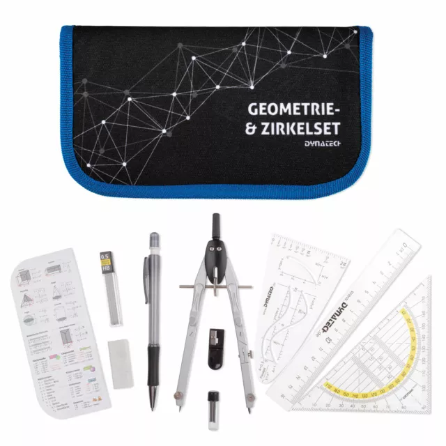 DynaTech Zirkelset Geometrieset 12-Teilig mit Zirkel, Geodreieck, Lineal im Etui