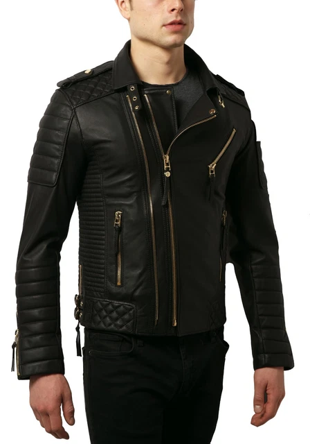 Black Leather Jacket Men Pure Lambskin Biker Moto Size XS S M L XL XXL Customize
