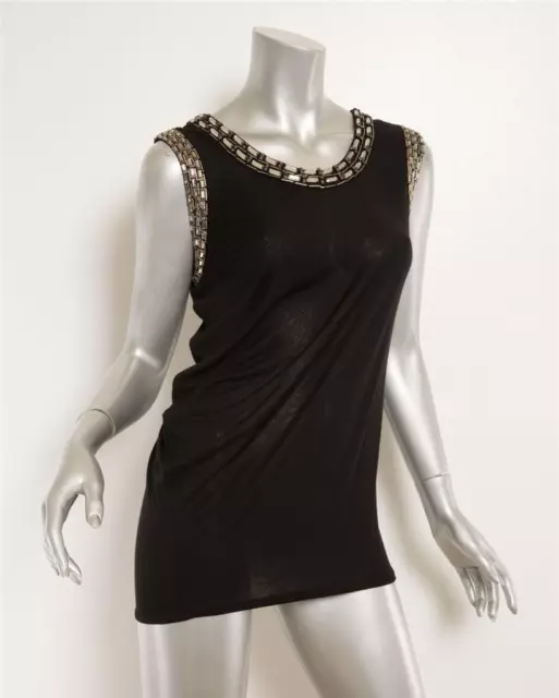 LANVIN Womens Black Asymmetrical Baguette Crystal Beaded Blouse Tank Top M NEW