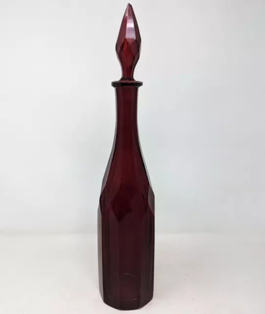 Vintage Bohemian Ruby Red Paneled Faceted Glass Pontil Tall Decanter Bottle KB23