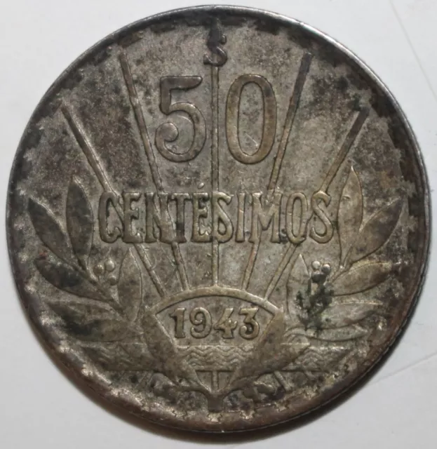 Uruguay 50 Centésimos Coin 1943 So KM# 31 Silver .720 Artigas Fifty Centesimos