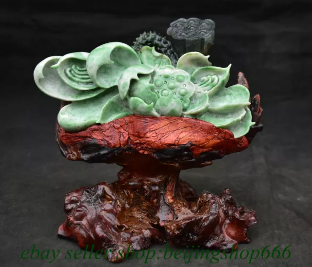 7.2" Chinese Natural Green Dushan Jade Carved Fengshui Lotus Statue