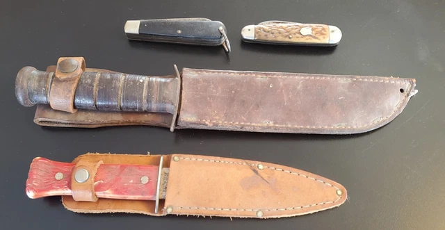 Lot Hunting Pocket Knife Fixed Blade Leather Sheath Camillus Soligen Chemsearch