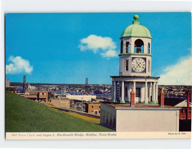 Postcard Old Town Clock & Angus L. MacDonald Bridge, Halifax, Nova Scotia Canada