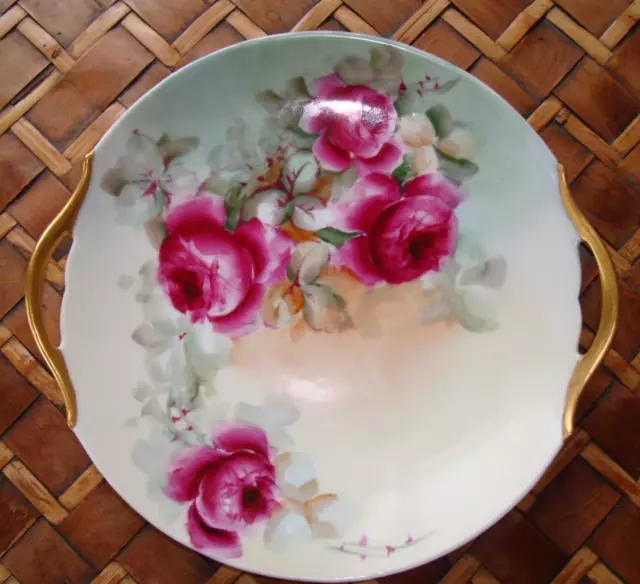 Antique Hand Painted Limoges T&V Cake Plate Serving Tray, Roses & Gold 10"