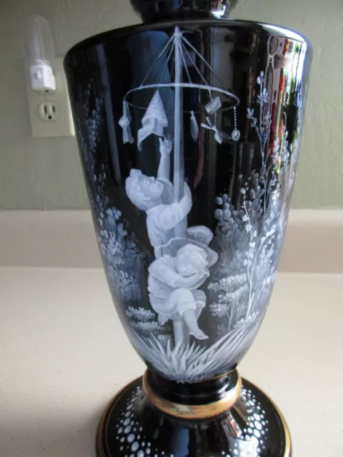 OUTSTANDING Antique Mary Gregory Black Glass Vase- A BEAUTY!!