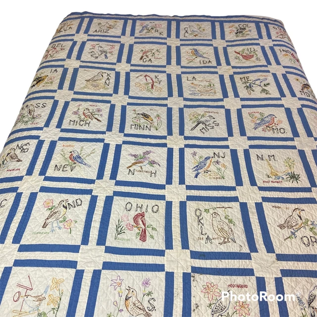 Vtg Quilt 48 State AND Bird Name Patchwork Hand Stitch Embroider Flour Feed Sac